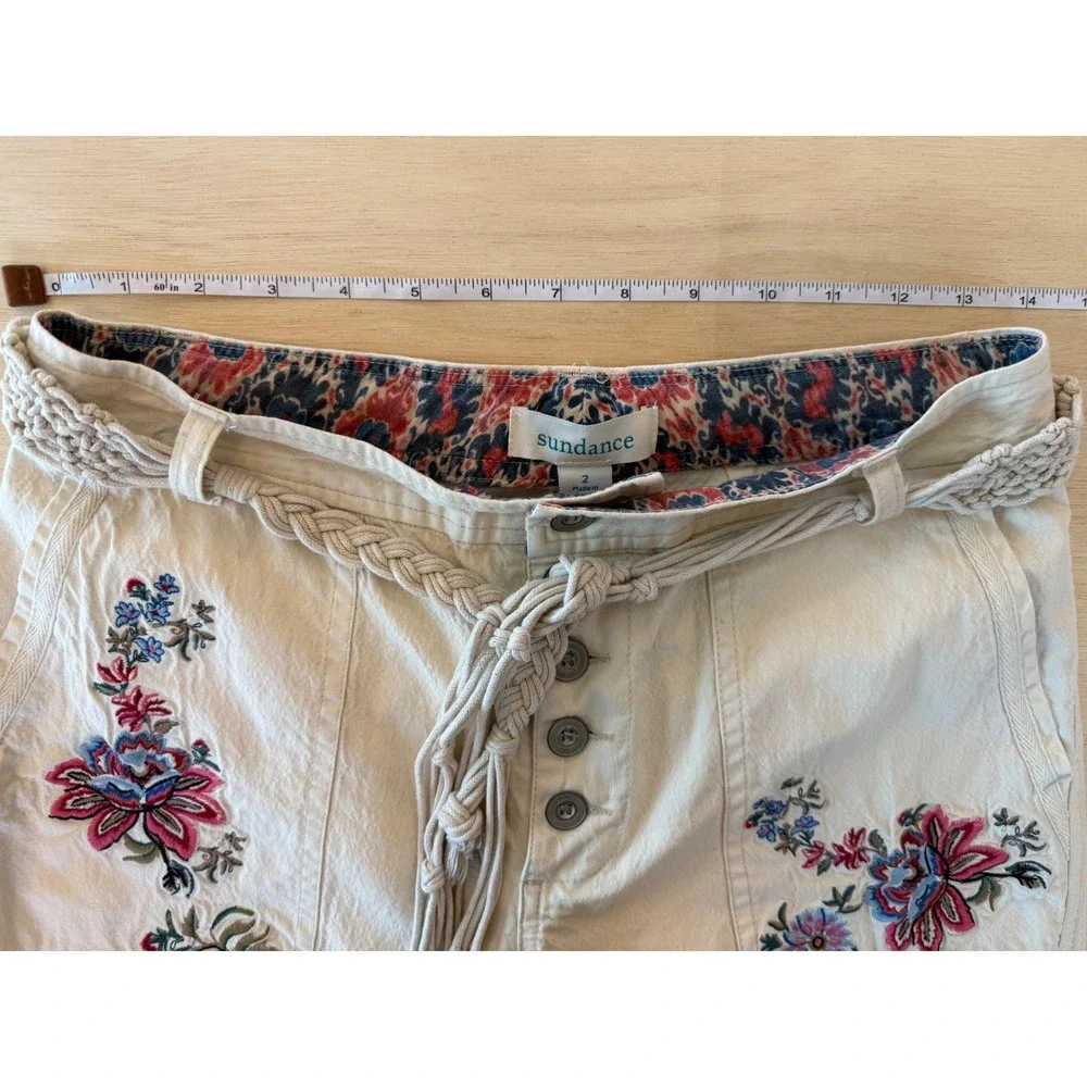 Sundance Floral Embroidered Shorts Cream Ivory Braided Belt Button Fly Size 2